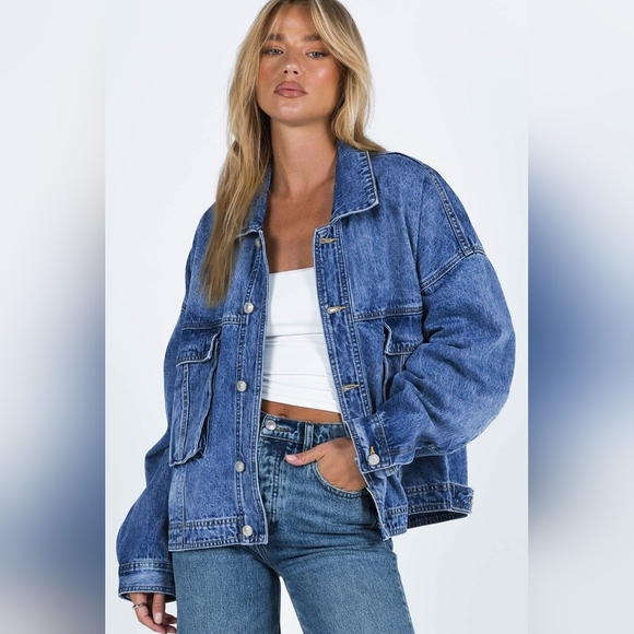 Oversized Denim Jacket Button-Up Collared Retro 90s Boyfriend Heavy Blue Jean - Picture 1 of 16